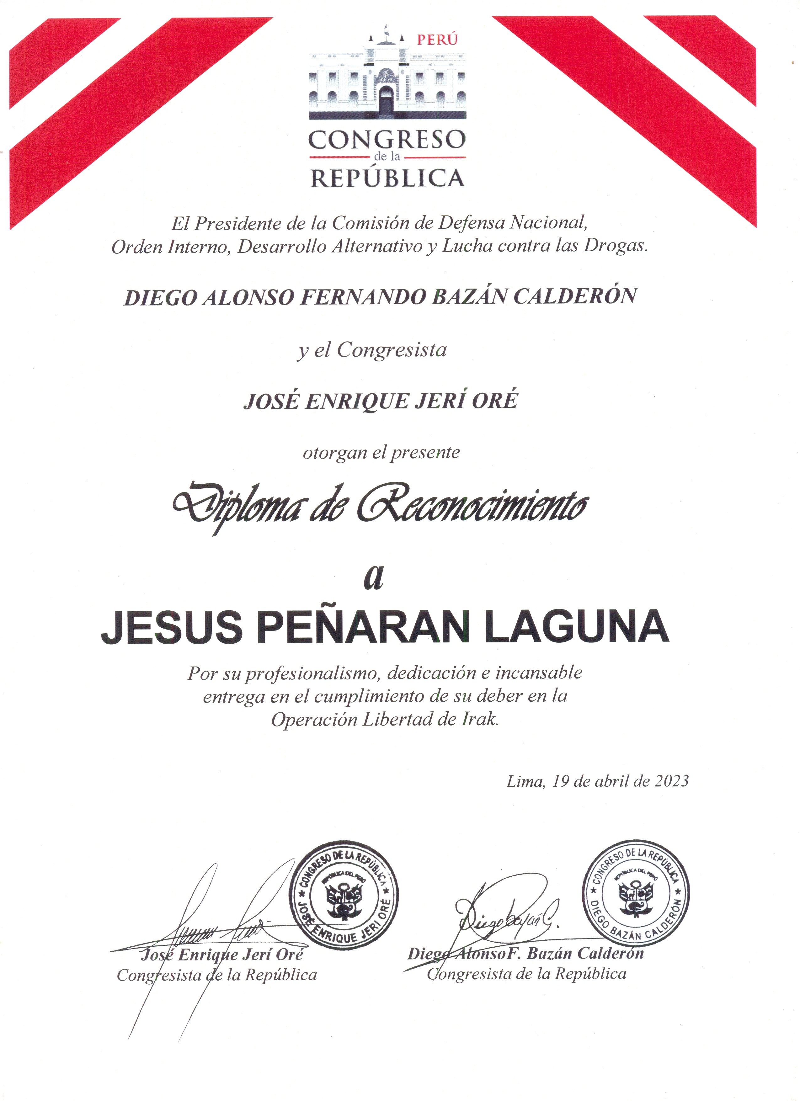 Reconocimiento Congreso de la Republica Perú